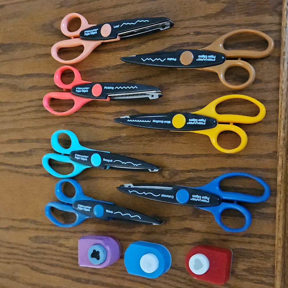 Fiskars 7 Craft Scissors Edgers and 3 No Name Shape Punches Butterfly Heart Star